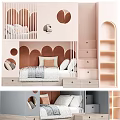 Pastel Pink Bunk Bed With Circular Cutouts And Storage Drawers 3d model