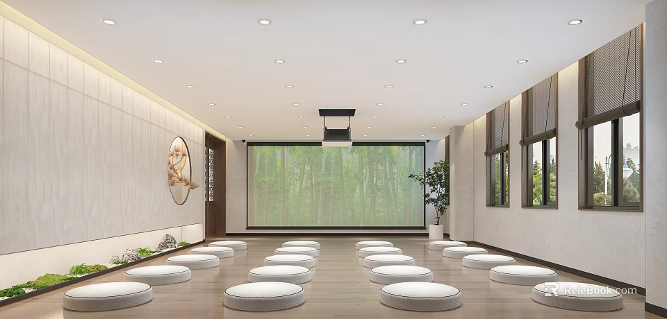 Religious Meditation Room Interior With Round Cushions And Nature Projection 3d model 