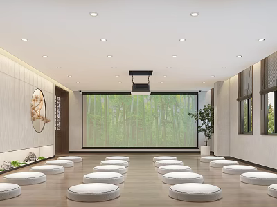 Religious Meditation Room Interior With Round Cushions And Nature Projection 3d model