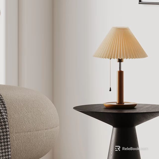 Modern Table Lamp With Pleated Lampshade And Wooden Base On Black Side Table 3d model 