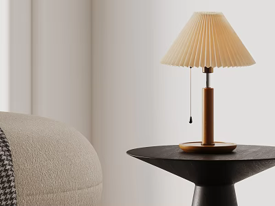 Modern Table Lamp With Pleated Lampshade And Wooden Base On Black Side Table 3d model