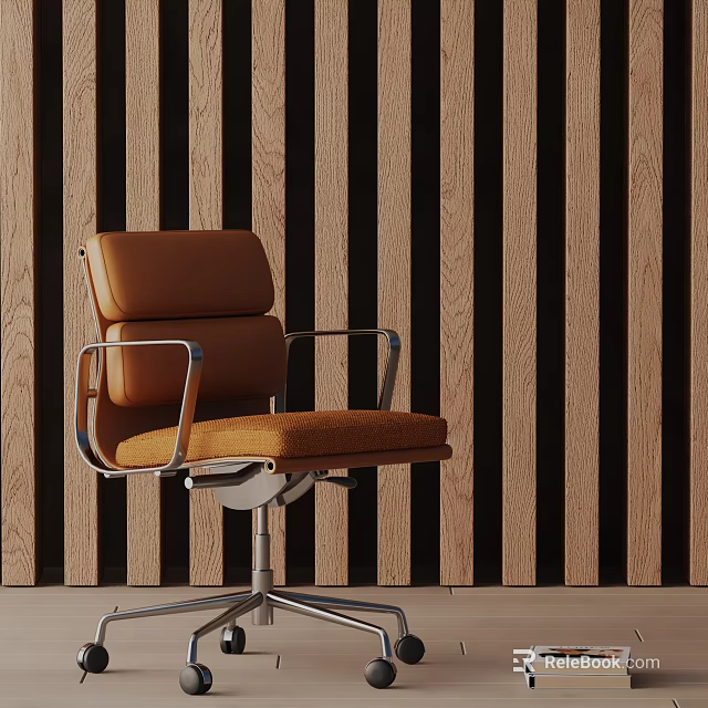 Brown Office Chair With Metal Armrests Sleek Design Against Wooden Striped Wall 3d model 