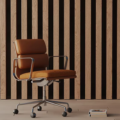 Brown Office Chair With Metal Armrests Sleek Design Against Wooden Striped Wall 3d model