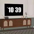 Brown Wooden TV Stand With Drawers Rattan Doors TV And Decorative Vases