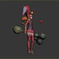 Game Movie Character In Pink Outfit With Red Jester Hat And Large Broom