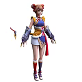 Woman in Traditional Outfit with Double Buns Hairstyle Arm Guards Short Skirt and Sword Accessory
