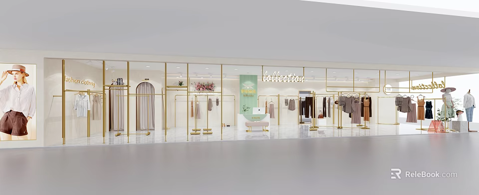 Belllettier Clothing Store With Hanging Clothes On Gold Racks And Modern Interior 3d model 