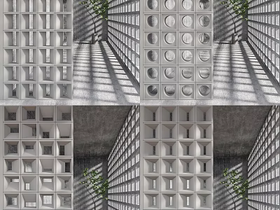 Modern Geometric Concrete Partition Structure With Circular Square Openings And Green Plants 3d model