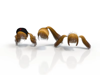 Children's Brown Pigtail Wigs With Black Hat And White Background Reflections 3d model