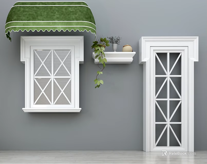 White Casement Door With Geometric Panes On Gray Wall Green Awning And Plant 3d model 