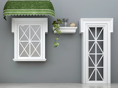 White Casement Door With Geometric Panes On Gray Wall Green Awning And Plant 3d model
