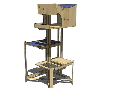 Wooden Multi Level Cat Tree With Platforms And Blue Mats For Pet 3d model