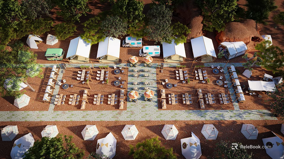 Scenic Outdoor Campsite With White Tents Dining Tables And Umbrellas Surrounded By Trees 3d model 