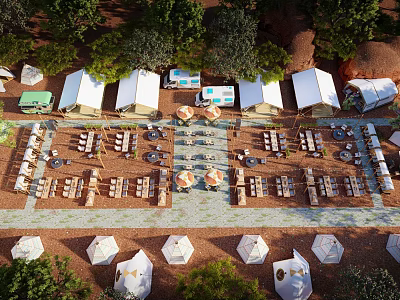 Scenic Outdoor Campsite With White Tents Dining Tables And Umbrellas Surrounded By Trees 3d model