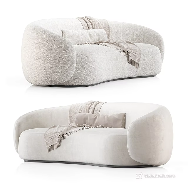 Modern Light Colored Large Sofa with Soft Pillows Throw Blanket and Rounded Curved Arms 3d model