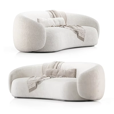 Modern Light Colored Large Sofa with Soft Pillows Throw Blanket and Rounded Curved Arms 3d model