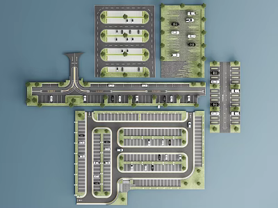 Parking Lot Layout Design Featuring Multiple Spaces Driveways And Green Areas 3d model