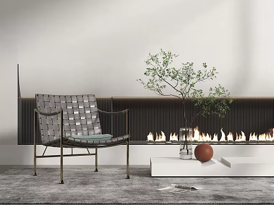 Modern Woven Single Chair With Metal Frame By Fireplace And Green Plant 3d model