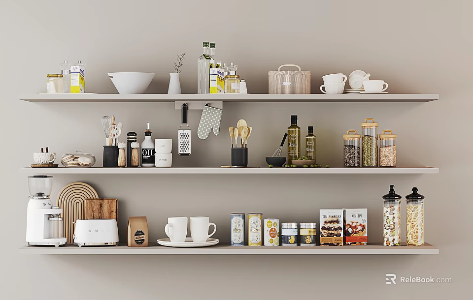 Organized Modern Kitchen Shelves Displaying Various Kitchenware Bowls Jars And Mugs 3d model 