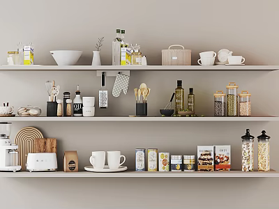 Organized Modern Kitchen Shelves Displaying Various Kitchenware Bowls Jars And Mugs 3d model