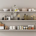 Organized Modern Kitchen Shelves Displaying Various Kitchenware Bowls Jars And Mugs