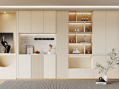 Modern Wine Cabinet Design With Open Shelves And Decorative Wine Bottles 3d model