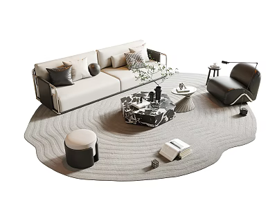 Stylish Sofa and Coffee Table Set with Beige Upholstery Black Cushions Patterned Top and Rug 3d model