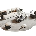 Stylish Sofa and Coffee Table Set with Beige Upholstery Black Cushions Patterned Top and Rug