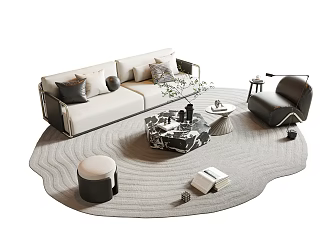 Italian Minimalist Sofa Coffee Table Combination Beige Sofa Multiplayer Sofa Leather Sofa Combination Sofa Straight Row Sofa Marble Coffee Table Single Leisure Chair 3d model