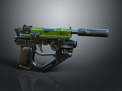 Futuristic Green And Black Tactical Weapon With Barrel And Scope Design 3d model