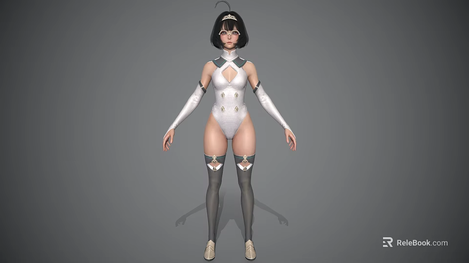 3D Character Woman In White Crisscross Bodysuit With Thigh High Socks And Gloves 3d model 