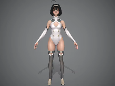 3D Character Woman In White Crisscross Bodysuit With Thigh High Socks And Gloves 3d model