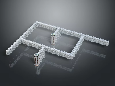 Scenic View Of White Maze Structure With Cylindrical Towers And Gray Background Reflections 3d model