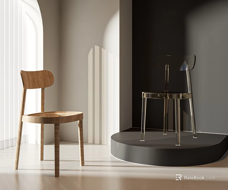 Modern Minimalist Accent Chairs With Wooden Design And Transparent Acrylic Structure On Display Platform 3d model 