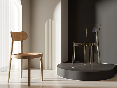 Modern Minimalist Accent Chairs With Wooden Design And Transparent Acrylic Structure On Display Platform 3d model