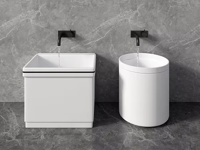 White Bathroom Sinks With Square And Round Design Black Faucets And Gray Marble Background 3d model