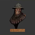 Man's Detailed Sculpted Bust Wearing Medieval Helmet With Chainmail On Wooden Base