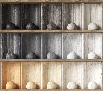 Wooden Grid Shelves Showcasing Stone Spheres In Different Wood Shades And Colors 3d model