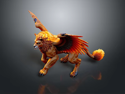 Winged Lion Mythical Creature Standing With Fiery Orange Wings Golden Mane And Muscular Build 3d model