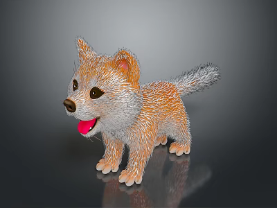 Plush Puppy Toy With Orange And Gray Fur Open Mouth Tongue Out On Shiny Surface 3d model
