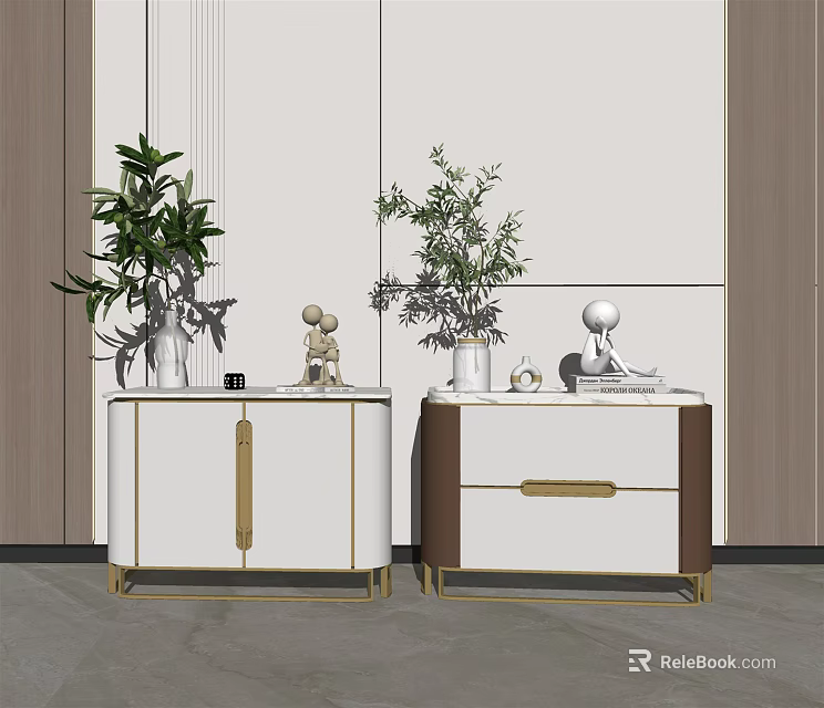 Modern Luxury Bedside Tables With White Brown Design Gold Handles And Green Plants 3d model 