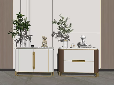 Modern Luxury Bedside Tables With White Brown Design Gold Handles And Green Plants 3d model