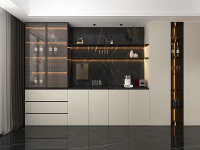 Modern Sideboard With Glass Doors Cabinets Drawers Lighting Strips And Coffee Machine 3d model