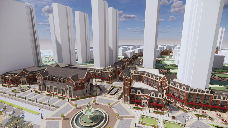 Vibrant Commercial Street Featuring Tall Modern Buildings Traditional Architecture And Central Plaza Fountain 3d model 
