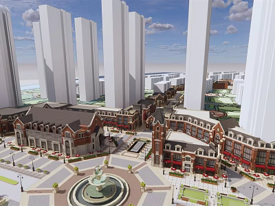 Vibrant Commercial Street Featuring Tall Modern Buildings Traditional Architecture And Central Plaza Fountain 3d model