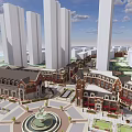Vibrant Commercial Street Featuring Tall Modern Buildings Traditional Architecture And Central Plaza Fountain