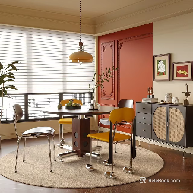 Warm Retro Dining Room With Bright Yellow Chairs And Chic Rattan Side Cabinet In Sunlight 3d model 