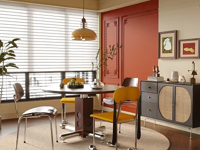 Warm Retro Dining Room With Bright Yellow Chairs And Chic Rattan Side Cabinet In Sunlight 3d model
