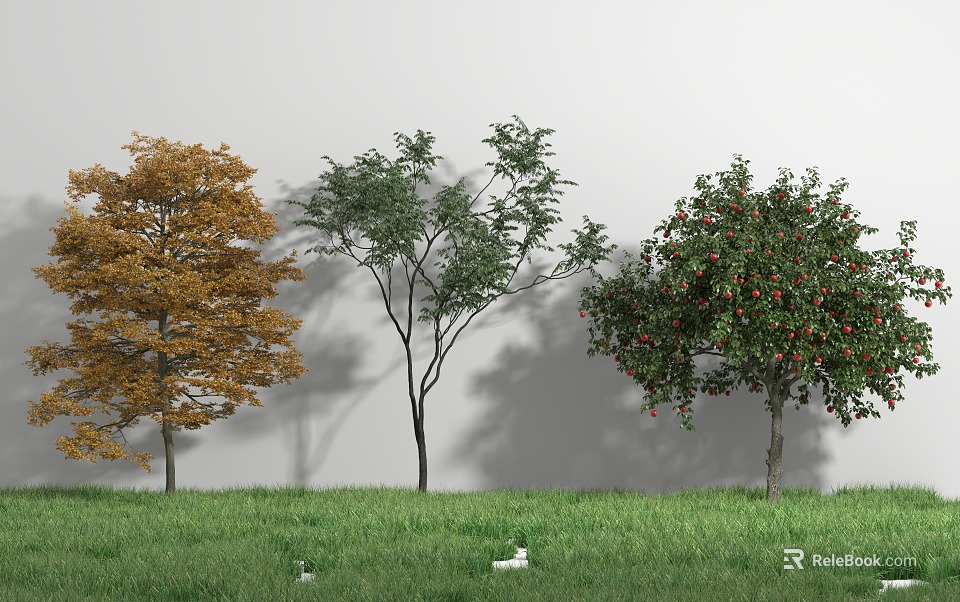 Three Trees with Yellow Leaves Green Foliage Red Fruits on Green Grass with White Animals 3d model 