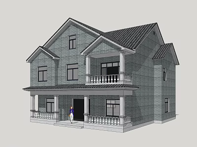 Two Story Gray Exterior Detached Villa With Black Roof Porch And White Railings 3d model